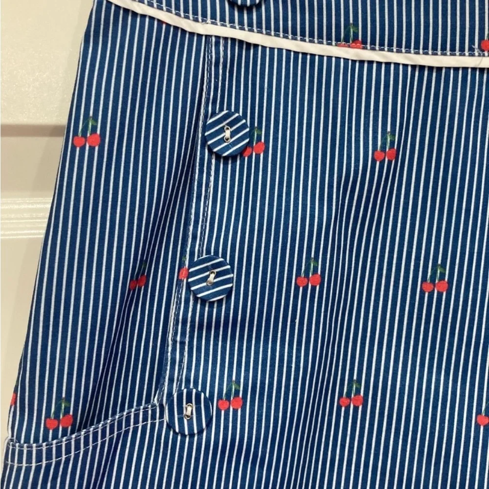 Voodoo Vixen High Waisted Blue Striped Shorts with Red Cherry Details Rockabilly - Picture 3 of 4